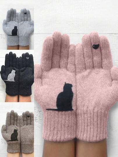 Guantes de punto con diseño de gato y pájaro - Cálidos, gruesos, a prueba de frío, con dedos separados, de diseño sencillo y elegante para otoño e invierno - Perfectos para actividades al aire libre