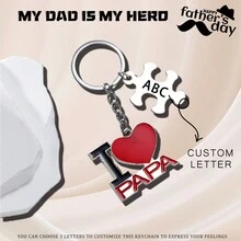 1 件定制“我爱爸爸”钥匙扣，合金字母心形不锈钢拼图配件，父亲节礼物钥匙圈 - 銀色 - 查看 1