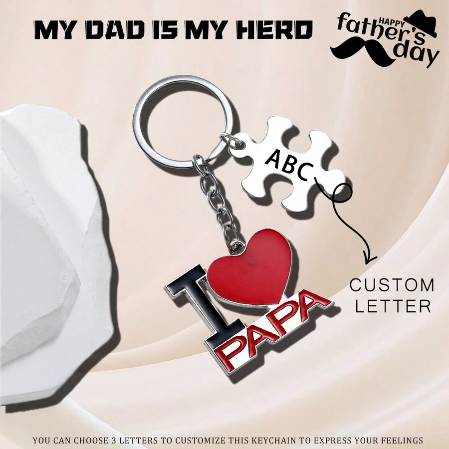 1 件定制“我爱爸爸”钥匙扣，合金字母心形不锈钢拼图配件，父亲节礼物钥匙圈 - 銀色 - 查看 1