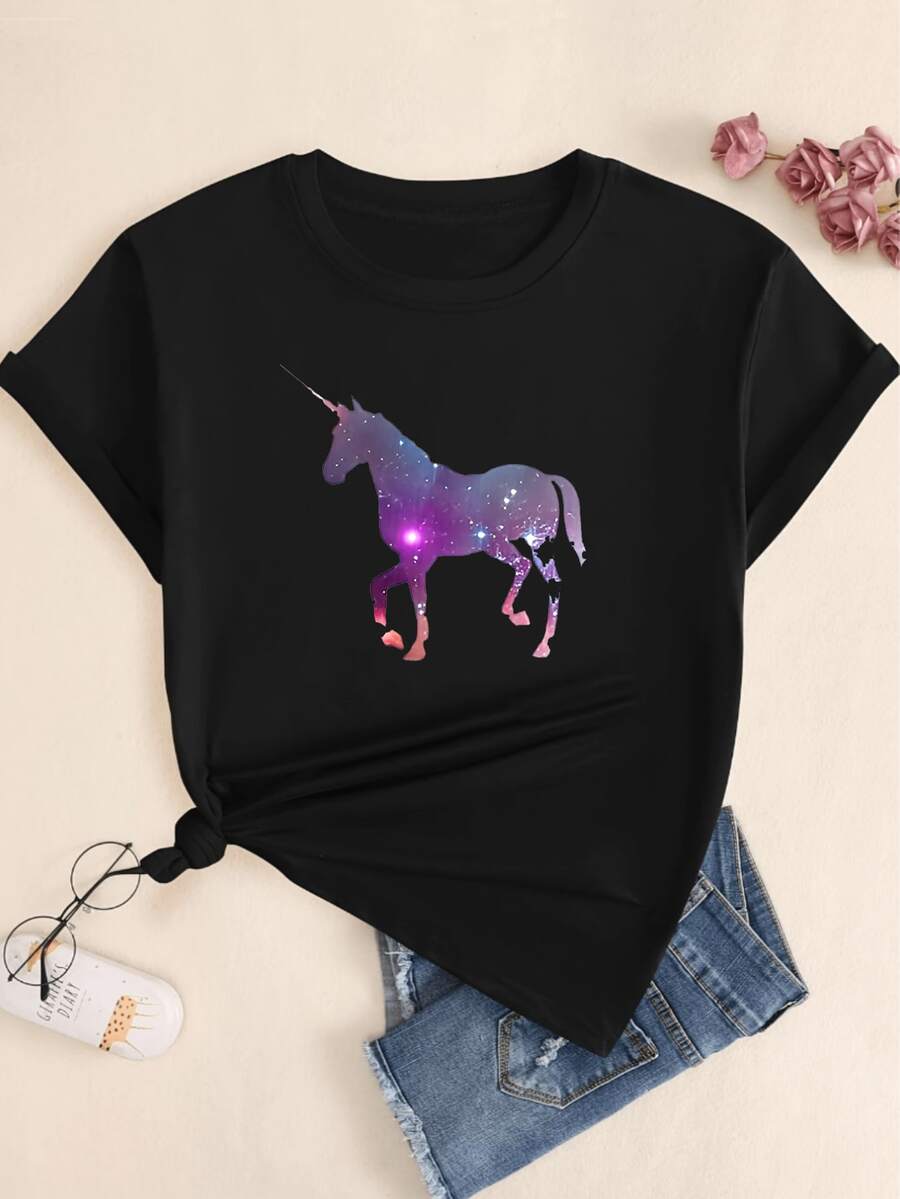 Starry Sky Unicorn T-Shirt Women's Blouse Premium Print Casual Comfort Streetwear - 黑色 - 查看 1