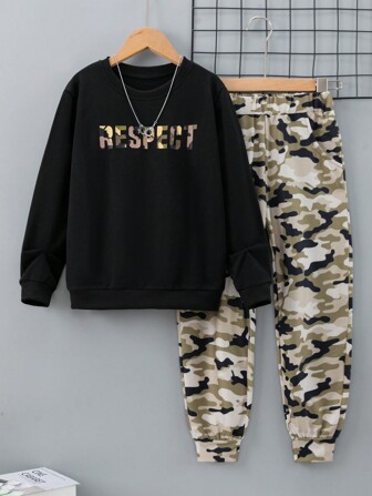 Tween Boy Letter Graphic Crew Neck Long Sleeve Sweatshirt And Camouflage Print Pants Outfit, Autumn