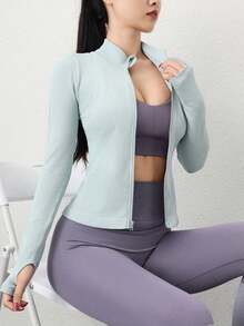 女士专业无缝拉链夹克，紧身运动服，适合跑步、健身、瑜伽 - 薄荷綠 - 查看 6