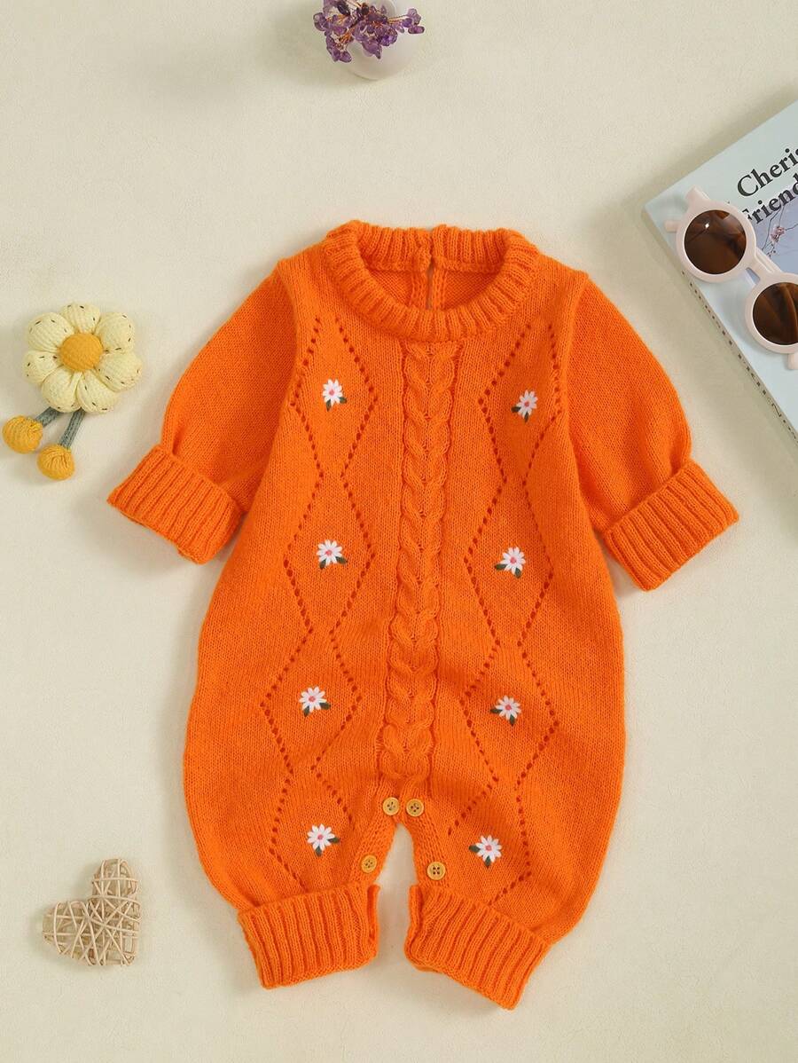 Baby Girl Casual Embroidered Long Sleeve Knitted Jumpsuit, Autumn/Winter - Orange - View 1
