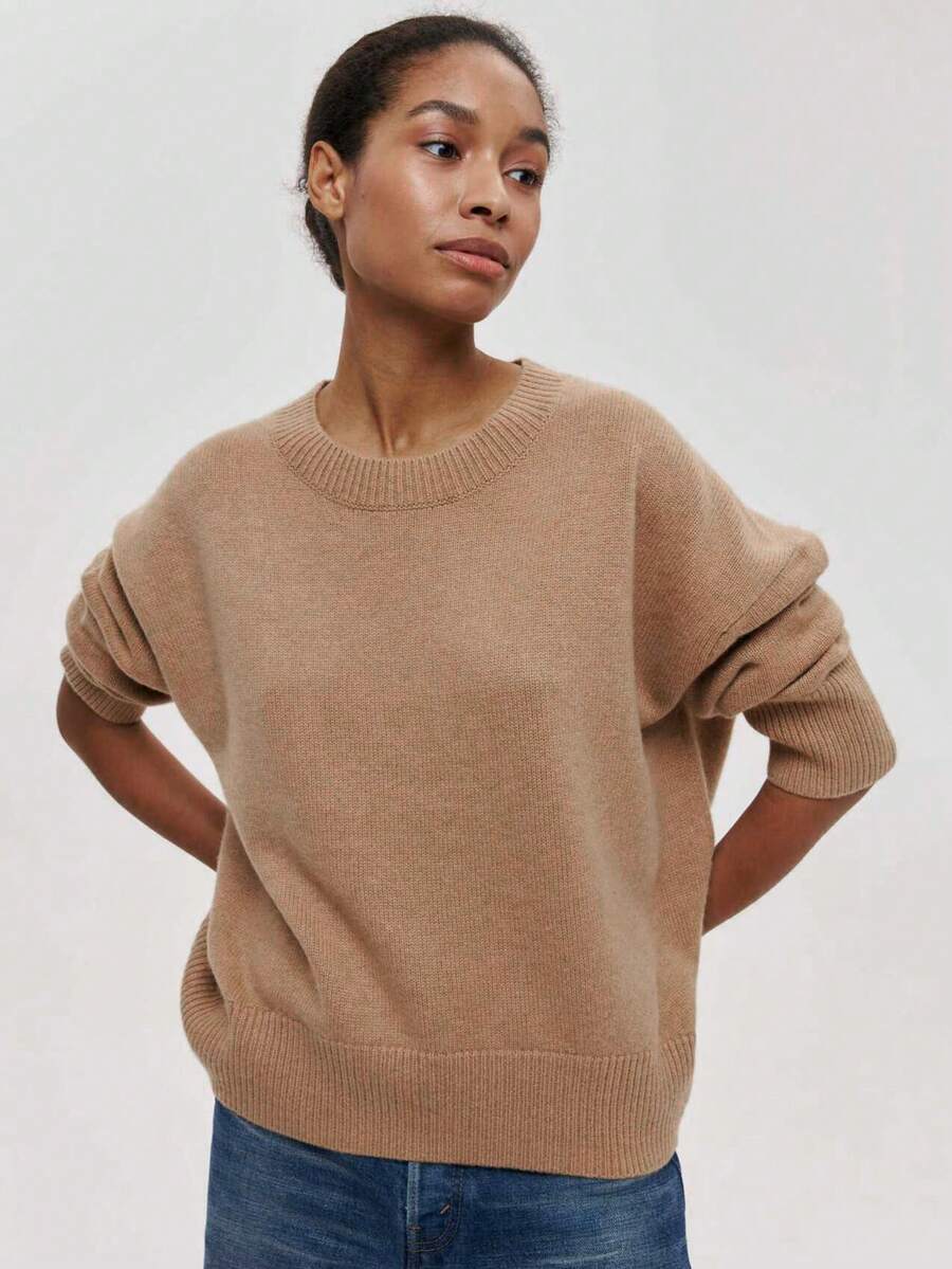 Áo len chui đầu cổ tròn màu trơn cho nữ, phù hợp cho mùa thu đông - Lạc đà - Xem 1