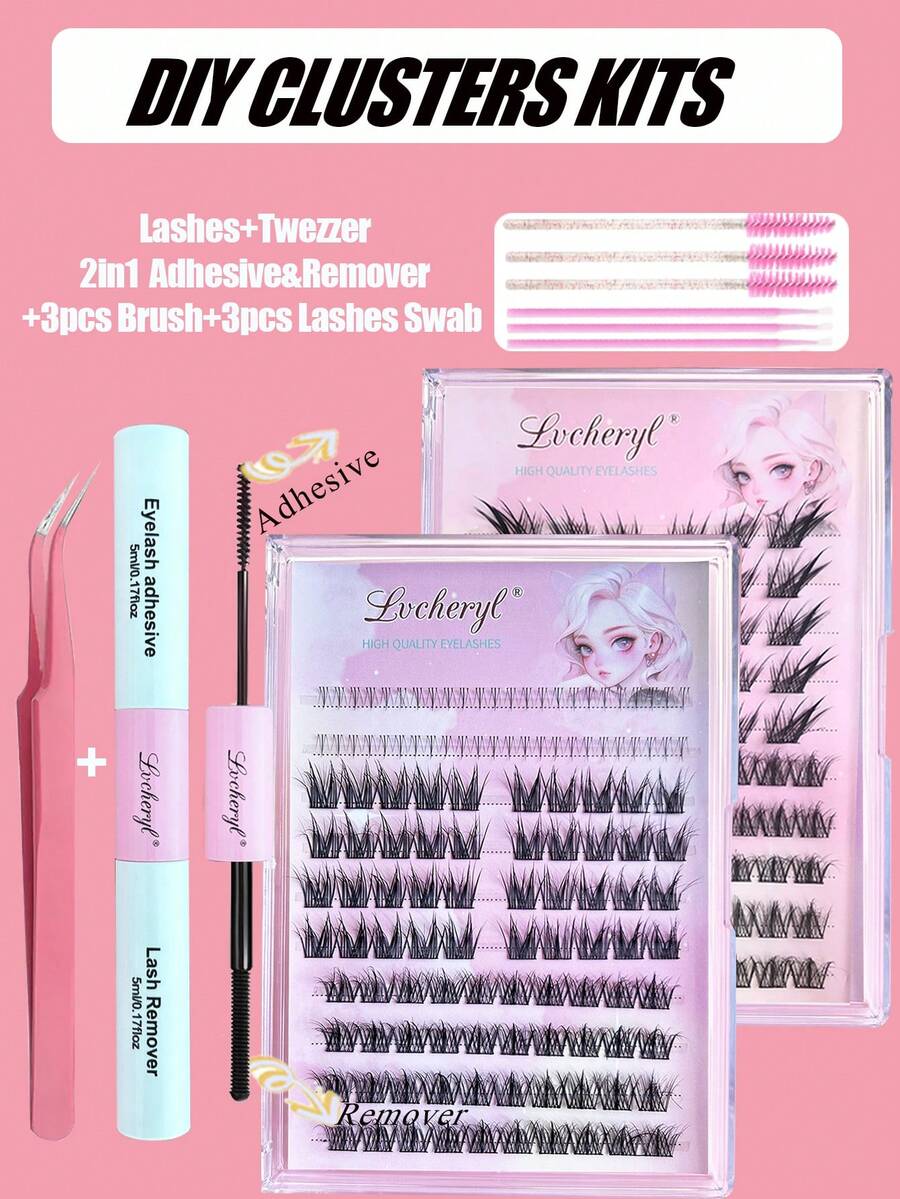 Lvcheryl DIY Clusters Extensions Lông mi riêng lẻ Cụm lông mi tự nhiên Bộ sản phẩm có keo dán mi & dụng cụ gỡ mi Twezzer Dụng cụ nối mi - màu đen - Xem 1