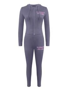 LovelyWholesale Women'S Sports Hooded Long Sleeved Letter Printed Zipper Jacket And Tight Pants Set For Spring And Autumn