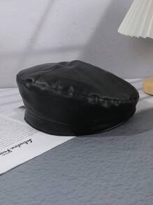 1pc Women Solid Color Leather Waterproof Beret Hat, Versatile For Street, Travel, Painting And Photography