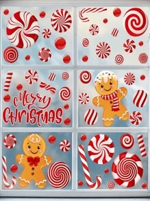 73 pièces/9 feuilles Décorations de fenêtre adhésives Candy de Noël, autocollants statiques réutilisables rouges Candy Gingerbread Man, convient pour les décorations de fête de Noël sur verre
