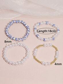 4 件套时尚优雅青花瓷仿珍珠串珠金色串珠手链女士可堆叠 14K 镀金弹力珠球手链首饰套装中国风手链礼物送给女士少女圣诞节情人节珠宝 - 4PCS - 查看 2