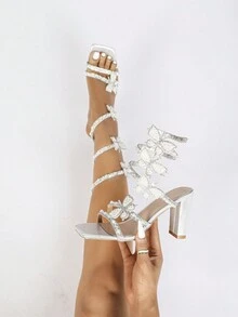 女士水钻和珍珠装饰性感尖头高跟凉鞋，带蛇纹设计环绕带，适合夏季场合 - 銀色 - 查看 6