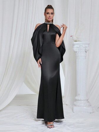 Elegant V-Neck Dress With Tie Neck, Side Slit, Slim Fit, Long Formal Gown, Black Prom Evening Dress, For Wedding Guest, Graduation, Dinner