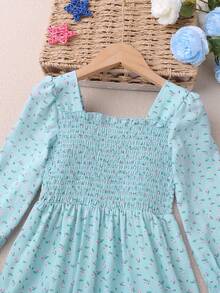 女童休闲花卉印花长袖连衣裙，秋季 - 淺色水洗藍 - 查看 3