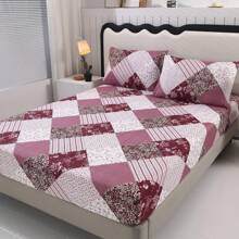 3pcs Floral Printed Washed Bedding Set[1 Fitted Sheet + 2 Pillowcases],No Comforter. [Random Pillowcase Color]. Without Filling. Soft & Comfortable. Suitable For Bedroom, Hotel, Dormitory, School, Homestay.