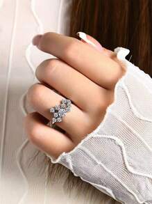 LOVESSOM S925 Sterling Silver Moissanite Ring, Starry Sky Style, Elegant Luxury Women's Ring, Jewelry Gift, Suitable For Wedding, Party, Christmas, Halloween, Anniversary And Other Occasions, Anniversary Gift - Silver - View 3