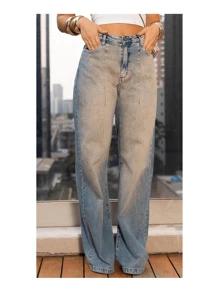 Women's Wide Leg Jeans, High Waist With Dirty Pleat - 中等水洗藍 - 查看 4