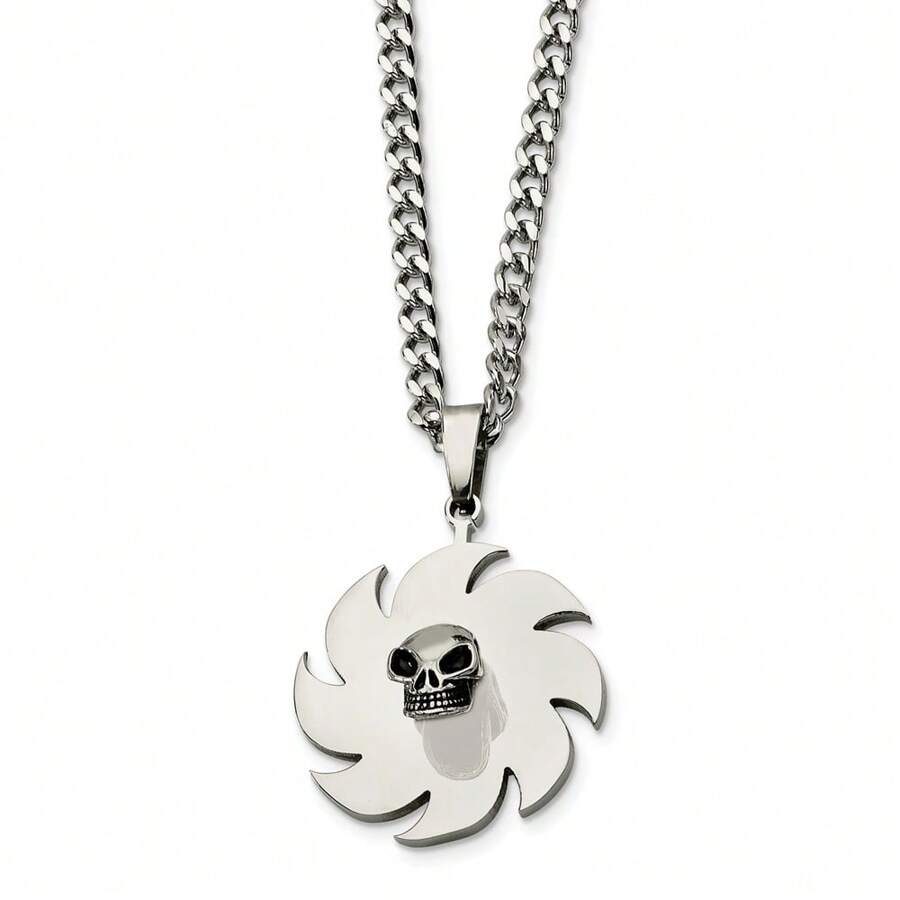 The Black Bow Stainless Steel Saw Blade And Skull Necklace