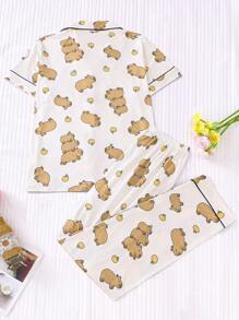 2 件套女士水豚印花睡衣套装，舒适翻领短袖上衣和宽松松紧腰裤，休闲户外/室内纯色家居睡衣和家居服