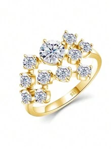 LOVESSOM S925 Sterling Silver Moissanite Ring, Starry Sky Style, Elegant Luxury Women's Ring, Jewelry Gift, Suitable For Wedding, Party, Christmas, Halloween, Anniversary And Other Occasions, Anniversary Gift - Gold - View 13