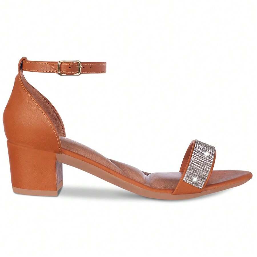 Sandália Feminina Salto Grosso Sintético Moda Barato - Caramelo - Visão 1