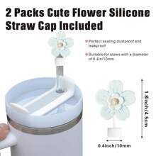 6PCS Glass Straws For 40 Oz Tumbler - 0.4in/10mm Reusable Straw For 40oz Cup, 2 LightBlue Flowers Straw Cover For Cup With 2 Cleaning Brush, Clear - 彩色 - 查看 6