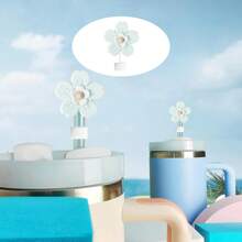 6PCS Glass Straws For 40 Oz Tumbler - 0.4in/10mm Reusable Straw For 40oz Cup, 2 LightBlue Flowers Straw Cover For Cup With 2 Cleaning Brush, Clear - 彩色 - 查看 2