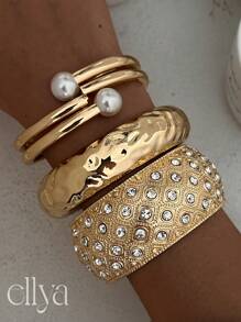 1 peça Pulseira de punho de decoração de pérola barroca vintage simples, pulseira de strass larga e grossa de ouro e prata, pulseira de pulso de mola dupla face de alta qualidade para mulheres, joias empilháveis multifuncionais, adequadas para decoração diária, joias para festas e banquetes, joias para presente de feriado