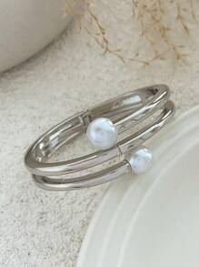 1 peça Pulseira de punho de decoração de pérola barroca vintage simples, pulseira de strass larga e grossa de ouro e prata, pulseira de pulso de mola dupla face de alta qualidade para mulheres, joias empilháveis multifuncionais, adequadas para decoração diária, joias para festas e banquetes, joias para presente de feriado