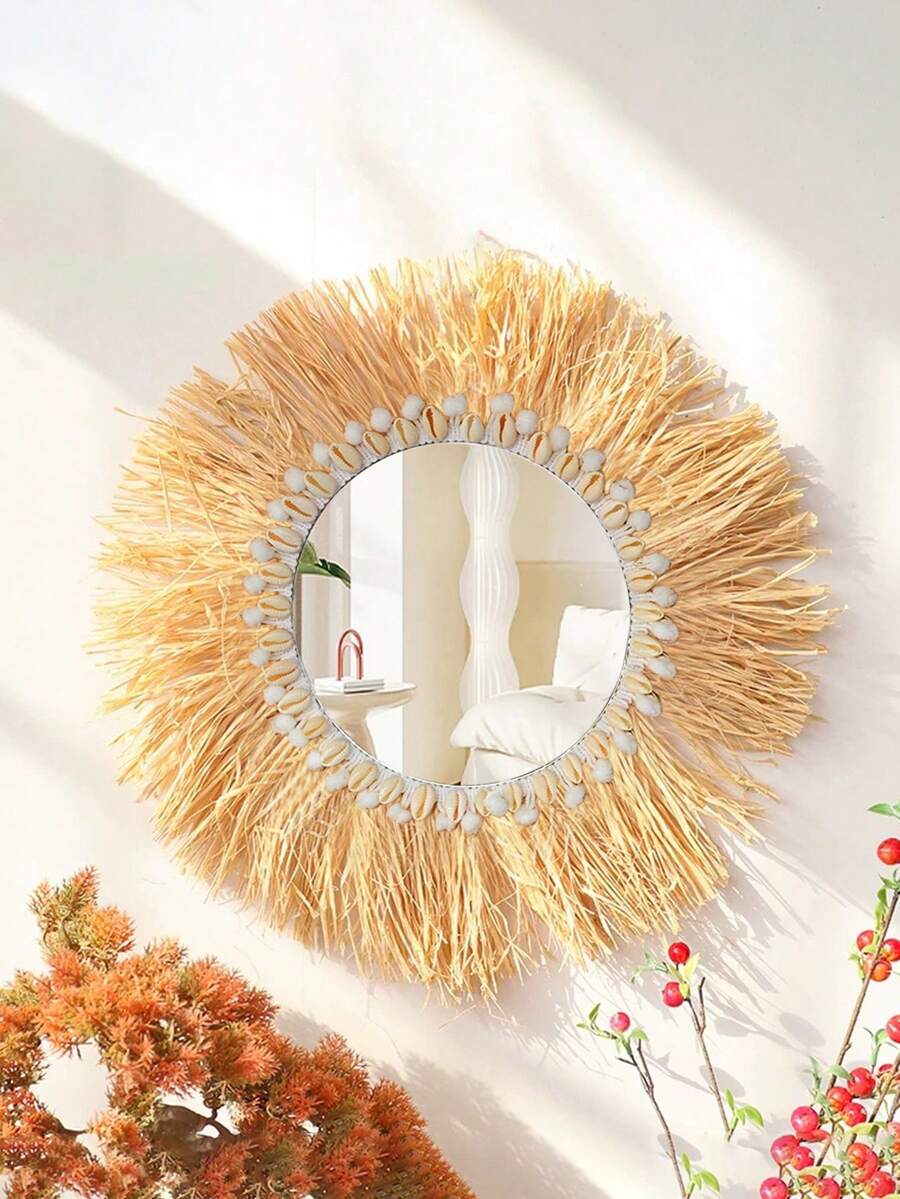 1 Gương tròn có khung Macrame, Gương treo tường bằng mây phong cách Bohemian cho phòng tắm, lối vào, phòng ngủ, trang trí nghệ thuật treo tường phòng khách, Gương phòng tắm tròn theo phong cách trang trại mộc mạc ven biển - Mô hình vỏ - Xem 1