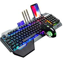Wireless Gaming Keyboard And Mouse,Rainbow Backlit Rechargeable Keyboard Mouse With 3800mAh Battery Metal Panel,Removable Hand Rest Mechanical Feel Keyboard And 7 Color Gaming Mute Mouse For PC Gamers - 黑色RGB - 查看 1