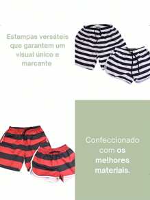 Kit Namorados Bermudas Iguais Piscina Moda Praia Verão Mozão Casal Combinando Listrado Vermelho Preto E Branco