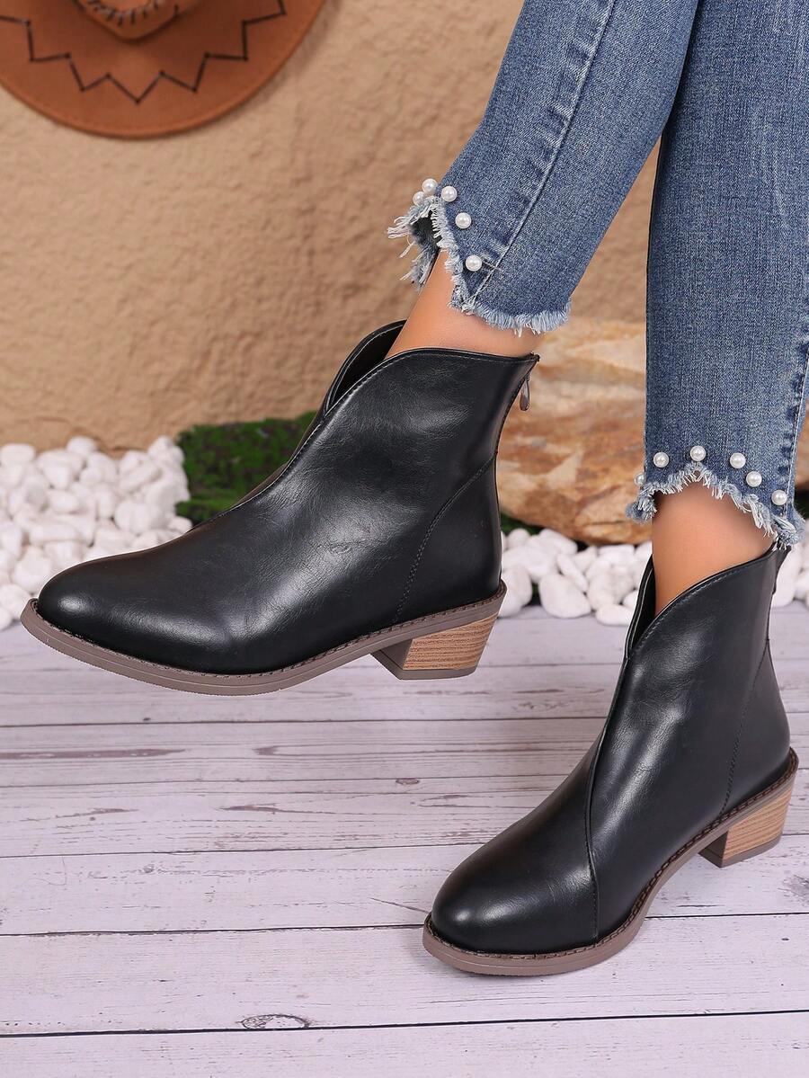 Giày bốt cổ ngắn Chelsea thanh lịch cho nữ - Mũi nhọn thời trang, khóa kéo bên hông gót thấp, giày lười thông thường - màu đen - Xem 1