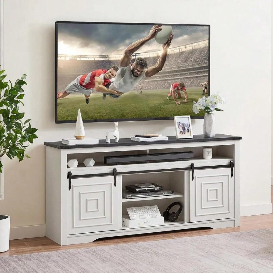 Farmhouse TV Stand For 75 Inch TV, Large Highboy Entertainment Center