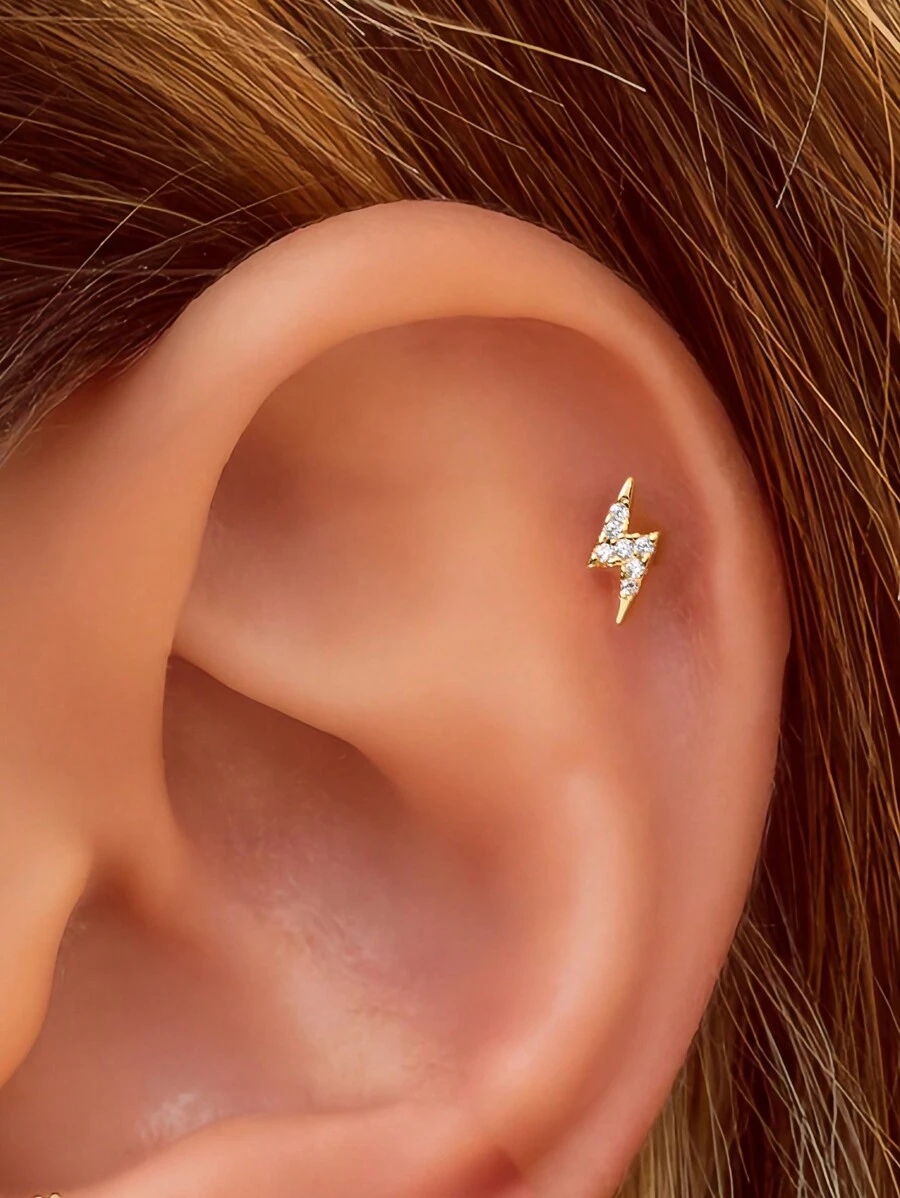 1个迷你金色闪电内螺纹唇钉，低过敏性925纯银立方氧化锆耳钉，男女通用日常佩戴 - 彩色 - 查看 1
