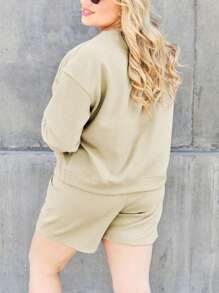 Women's Casual Two-Piece Set Textured Solid Color Two-Piece Short Set With Pocket Brown Long Sleeve Pullover Relaxed Fit Drawstring Waist Shorts With Pocket Crew Neck Hip-Length Solid Color Fall Comfortable Loungewear Outing