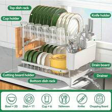 1pc Space-Saving 2-Tier Dish Rack With Multifunctional Storage - Over Sink Design, Detachable Cup And Cutlery Holders, Durable Drainboard - Kitchen Organizer, Chic White