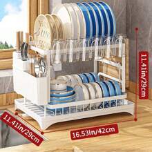 1pc Space-Saving 2-Tier Dish Rack With Multifunctional Storage - Over Sink Design, Detachable Cup And Cutlery Holders, Durable Drainboard - Kitchen Organizer, Chic White
