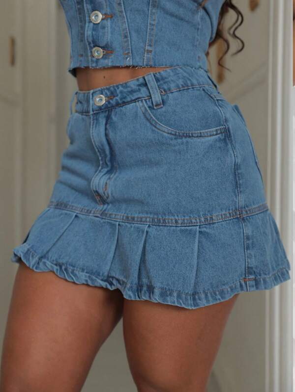 Mini Saia Jeans com Babado Feminina