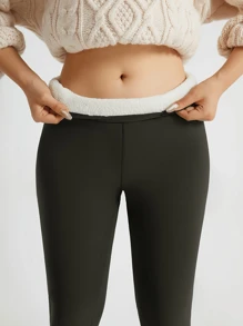 Quần legging thể thao lót nhiệt màu trơn dành cho nữ - xanh quân đội - Xem 4