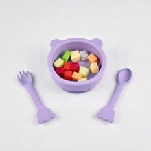 3 件套婴儿喂食碗带盖硅胶勺叉套装防滑防烫婴儿餐具 - 彩色 - 查看 7