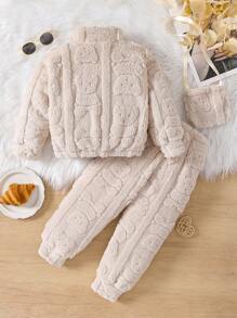 3 Stücke Mädchen Winter Outfit Set: Plüschbär Muster Fleecejacke, Hose und Mini Umhängetasche