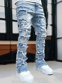 Men's Fashion Streetwear Creative Layered Fringe Detail Jeans, Emo Style - Medium Wash - View 4
