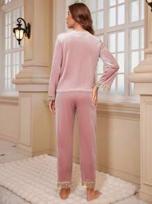 2 件套女士天鹅绒宽松睡衣，带蕾丝花边，适合秋冬季居家使用 - 粉色 - 查看 6