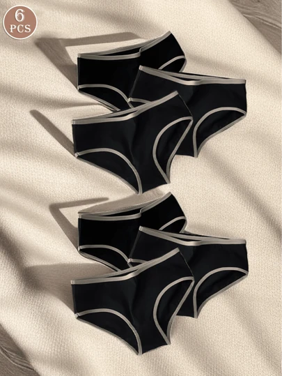 6pcs Women's Colorful Sports Minimalist Panties, Mid-Waist Japanese Black White Gray Ladies' Triangle Briefs