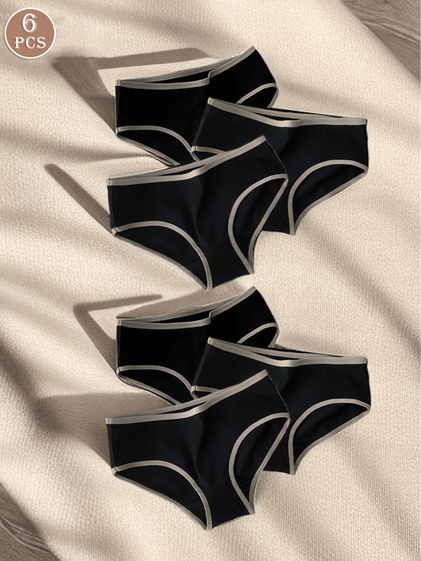 6pcs Women's Colorful Sports Minimalist Panties, Mid-Waist Japanese Black White Gray Ladies' Triangle Briefs