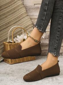 Women's Knitted Flat Mesh Sneakers, Round Toe Casual Slip-On Comfortable Mom Shoes For Daily Walking