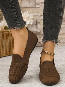 Women's Knitted Flat Mesh Sneakers, Round Toe Casual Slip-On Comfortable Mom Shoes For Daily Walking