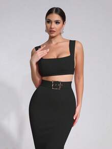 全新女式夏季性感无袖短款上衣，配紧身腰带和绷带裙套装，时尚派对礼服