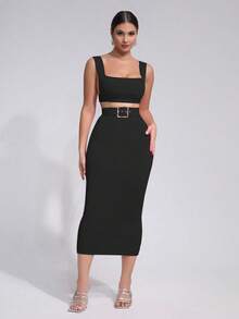 全新女式夏季性感无袖短款上衣，配紧身腰带和绷带裙套装，时尚派对礼服