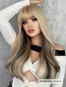7JHH WIGS Highlight Blonde Wig Mixed Black Long Wavy Curly Wig With Bangs Natural Looking Synthetic Heat Resistant Fiber Wig For Girls Daily Party Cosplay Use 24 Inch - Blonde Highlight - View 3