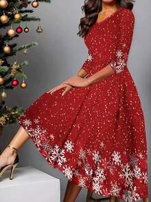 Fashionable Casual Vacation Style Elegant Women's Versatile Slim Fit Outdoor, Home, Travel, Work Dress, Women's Christmas Snowflake Print Casual Graceful Dress, Autumn/Winter